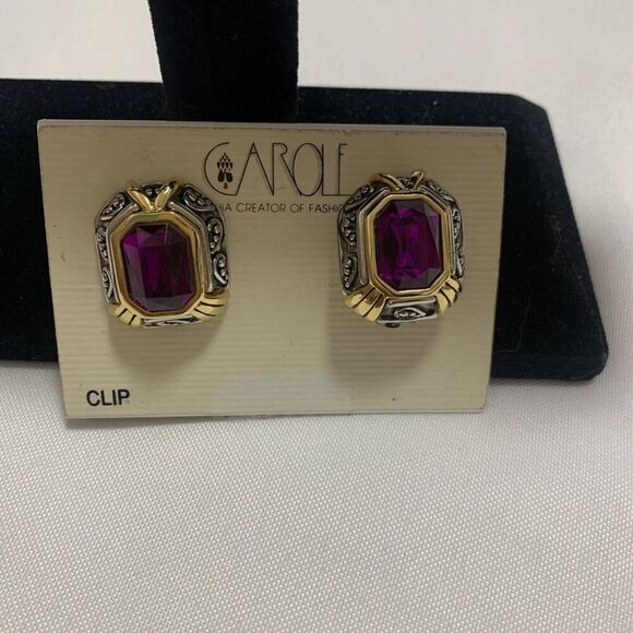 Vintage Carole Two Tones Clip Earrings Designer Jewelry Amethyst Stone - Picture 3 of 16